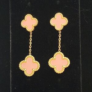 Gold Steel Pink Quatrefoil Flower Post Drop Earrings